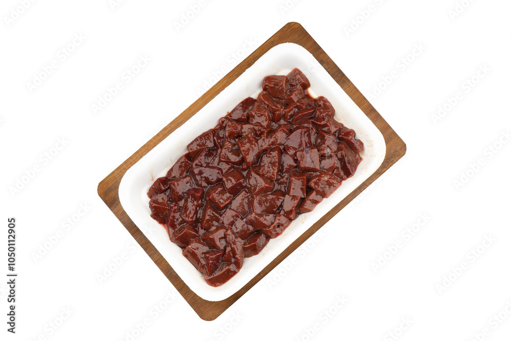 Cut raw beef liver with onions, spices, chili peppers and dill on wooden table, flat lay Cut raw beef liver with onions, spices, chili peppers and dill on wooden table, flat lay