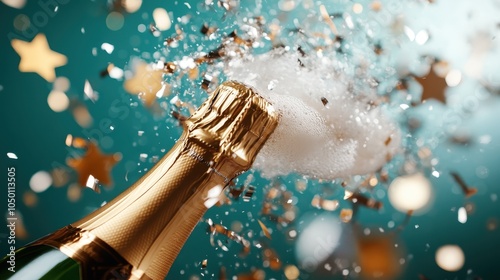 A celebratory burst of champagne as the bottle is opened, with bubbles and confetti exploding in joyful energy, set against a festive background with stars. photo