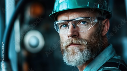 A man wearing safety glasses and a helmet appears focused and determined, set against an industrial backdrop, reflecting themes of diligence, safety, and modern industry. photo