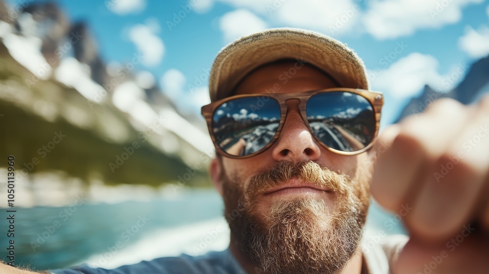 A bearded man wearing sunglasses and a cap enjoys a moment near a stunning lake with magnificent mountains reflected in his glasses on a bright day.