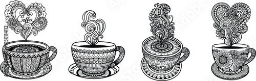4 Abstract mandala doodle coffee cup for design element, engraving, adult coloring page. Vector illustration.