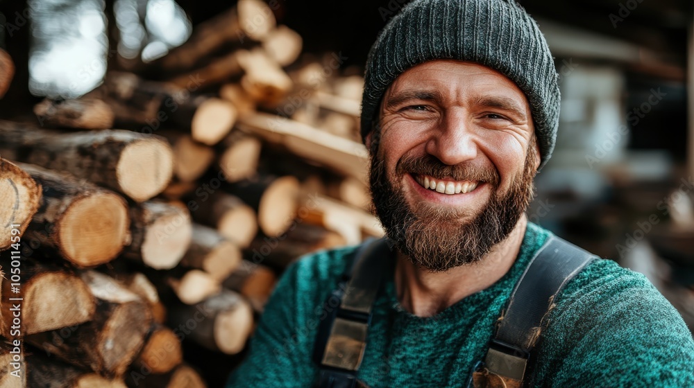 Bearded man wearing a beanie is seen grinning widely against a backdrop of neatly stacked chopped wood in an inviting and rustic environment. Bearded man wearing a beanie is seen grinning widely against a backdrop of neatly stacked chopped wood in an inviting and rustic environment.