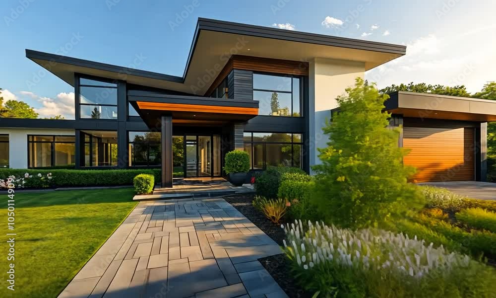 Modern Home with Stone Pathway and Lush Landscaping Modern Home with Stone Pathway and Lush Landscaping