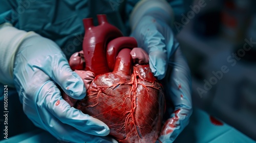 A surgeon performing a heart transplant surgery in a well-lit operating room against a sterile, clinical background, macro shot