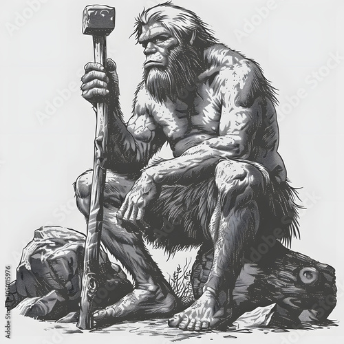 cave prehistoric man with stone hammer sketch engraving  fictional character  illustration. scratch board imitation. black and white image isolated on white background, cinematic, png photo