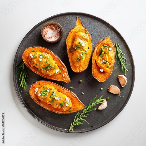 Baked sweet potato white background of tope view photo