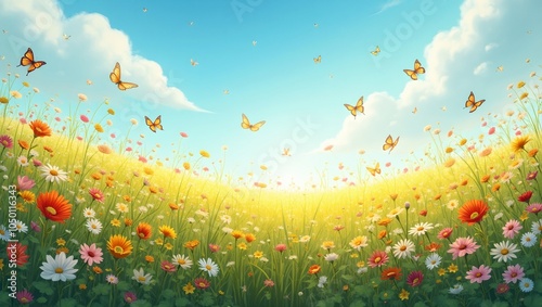 Vibrant wildflowers on sunny hillside with fluttering butterflies