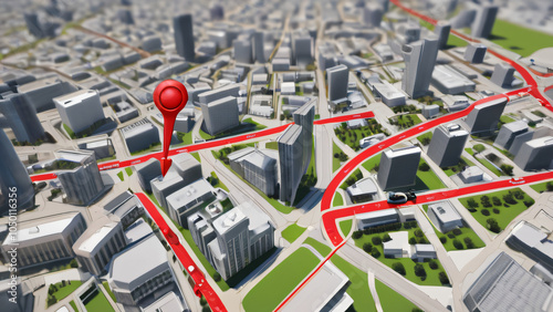 A map with a red location pin highlighting a specific point in a cityscape with roads and buildings. photo