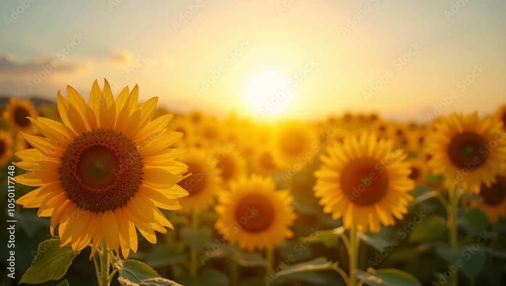Obraz premium Vibrant sunflower field under morning sun symbolizes happiness and positivity