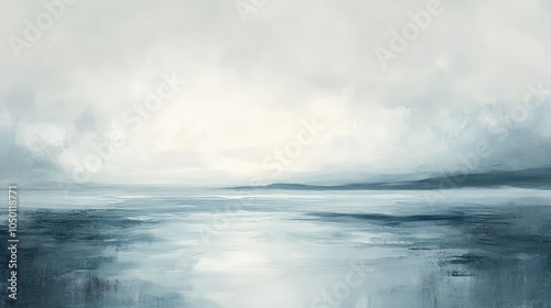 A serene coastal landscape with faded blues and soft grays blending into the horizon, creating a calm, misty atmosphere over the water