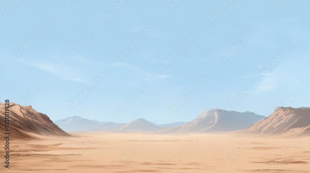 A serene desert scene with muted tones of pale sand, light brown, and soft blue sky, creating a sense of vastness and quiet A serene desert scene with muted tones of pale sand, light brown, and soft blue sky, creating a sense of vastness and quiet