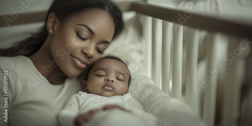 An African American mother resting peacefully beside her sleeping baby, with soft lighting highlighting their loving bond, perfect for themes of family,care, and maternal love.Concept:maternal bonding photo