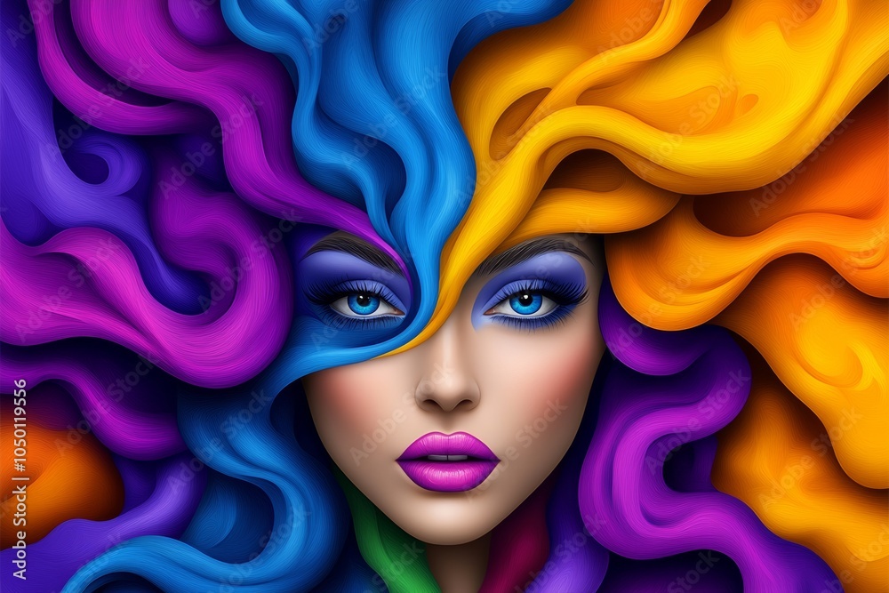 Fototapeta premium Woman with colorful hair, makeup. hair is styled in a way that it looks like it is splattered with paint. make water splash in crazy colours, neon colours, tattoo art, cartoon, young, fashion,