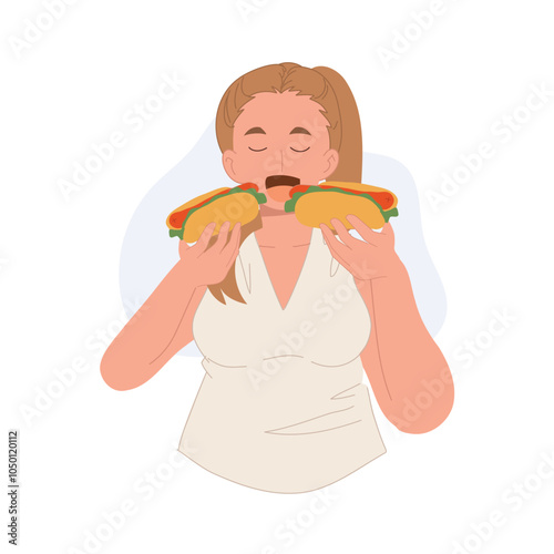 A plus-size woman is happily enjoying her fast food meal.