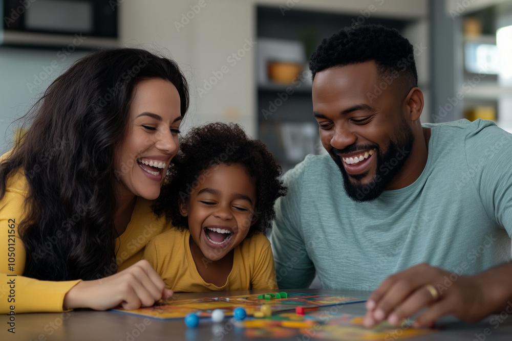 Fototapeta premium A joyful family playing a board game, with a mother, father, and young child laughing around a colorful board, capturing heartwarming togetherness in a casual home setting. Family togetherness
