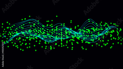 Abstract green particle background. Flow wave with dot landscape. Pattern point visualization. Technology vector illustration. 3D digital dynamic wave.