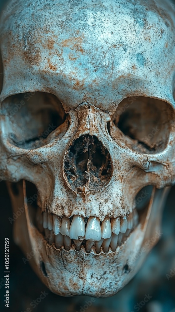 Naklejka premium Realistic human skull with detailed anatomy in grayscale