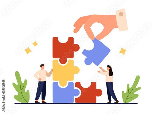 Partnership, idea to work problem solving, achievement. Big fingers of hand holding puzzle piece to connect to tower of tiny people, solve business task together in team cartoon vector illustration