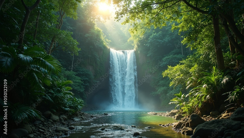 Explore a hidden jungle waterfall with sunlit foliage Explore a hidden jungle waterfall with sunlit foliage