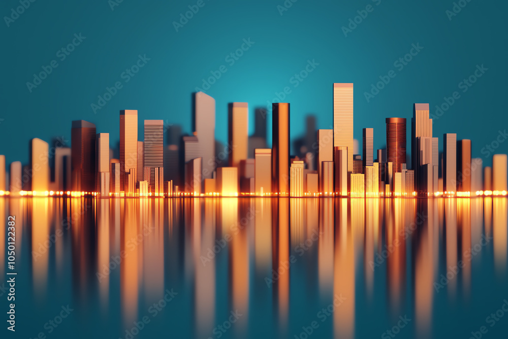 Fototapeta premium Nighttime panorama of a capital city s illuminated skyline, lights reflecting on nearby river