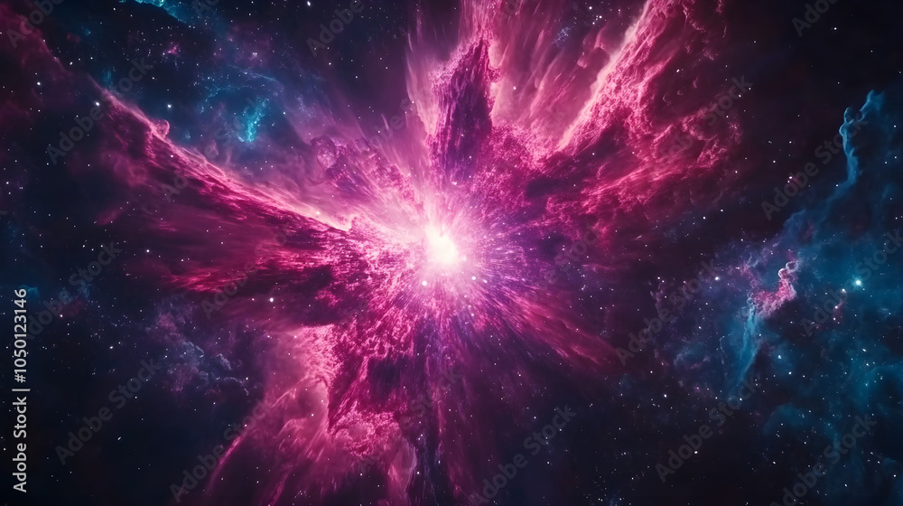 Exploding supernova in shades of crimson and sapphire sending out cosmic rays