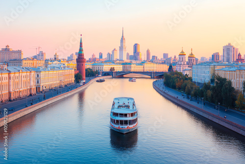 Highangle panoramic shot of a capital city s riverfront, boats and skyscrapers in evening light photo