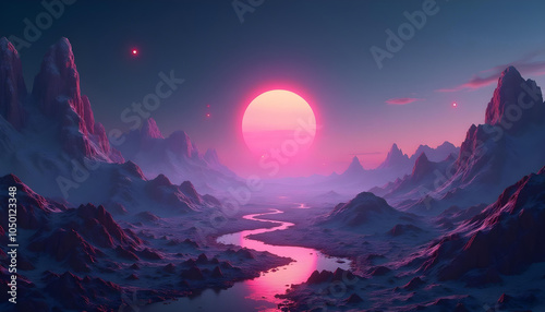 Surreal Alien Landscape, Sunset Over Mysterious Mountains and River