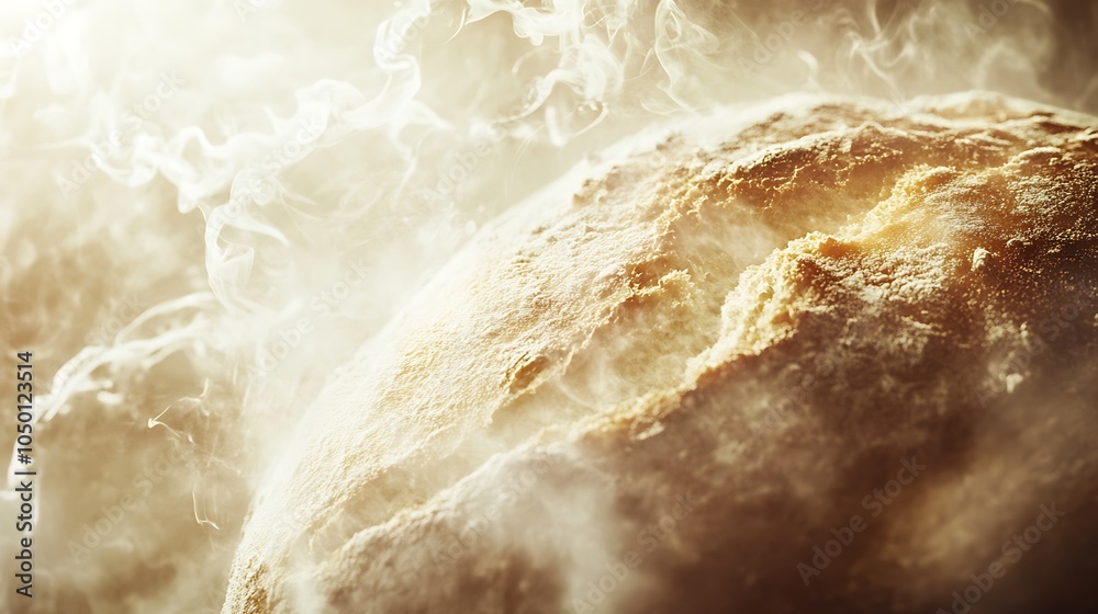 Obraz premium Artisan Loaf Close-Up with Steam and Texture