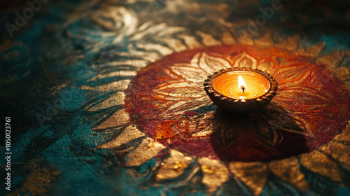 close up of diya on colorful rangoli design, radiating warmth and light photo