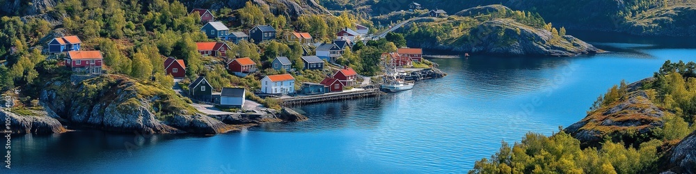 A beautiful view of a small town with houses and a river. The houses are red and white and are situated on the hillside. The river is calm and clear, and the water is reflecting the sunlight A beautiful view of a small town with houses and a river. The houses are red and white and are situated on the hillside. The river is calm and clear, and the water is reflecting the sunlight