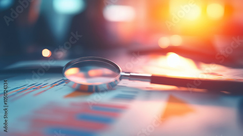 close up of magnifying glass highlighting graphs and data, creating focused atmosphere