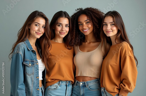 Group of four young attractive girls of different nationalities in casual clothes. Concept of teamwork, learning, education.