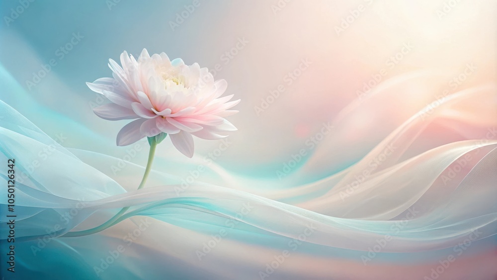 A delicate pink flower blooms amidst a flowing, ethereal turquoise fabric, creating a serene and dreamy scene.