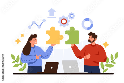 Team building, business partnership for goal achievement, teamwork on collective solution. Tiny man and woman holding puzzle pieces together to match and collaborate cartoon vector illustration