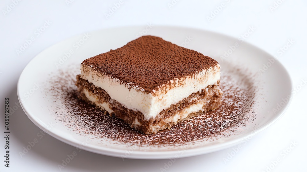 A square slice of tiramisu with cocoa powder on top on a white plate. A square slice of tiramisu with cocoa powder on top on a white plate.