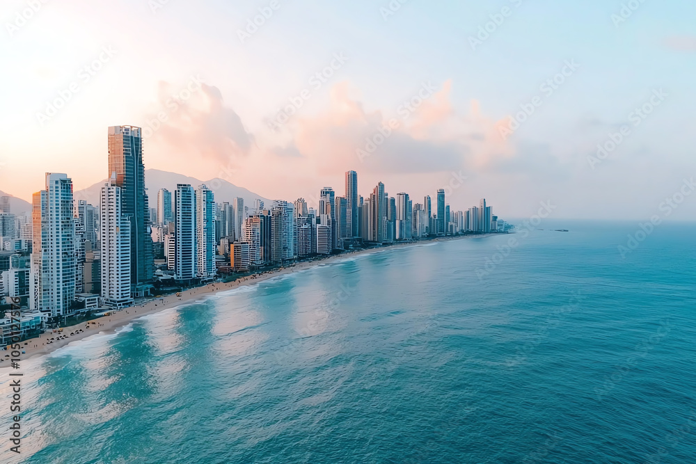 Naklejka premium Aerial shot of a capital city s busy harbor area, skyscrapers along the coast, dynamic atmosphere