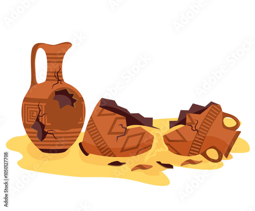 Broken Ancient Vase.  Old greek jars. Cartoon clay pottery pots. Cracked greek pitcher. Excavations. Museum ceramic. Urn or vase isolated. Old broken vase on deep bottom