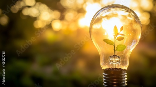 Small plant growing inside a light bulb at sunset symbolizing green energy