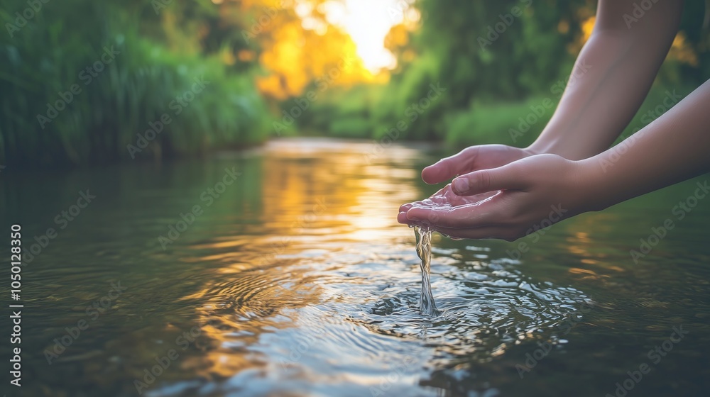 Woman cupping hands collecting pure fresh water from river at sunset Woman cupping hands collecting pure fresh water from river at sunset