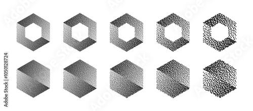 Divided Hexagons With Various Resolution of Bitmap Dither Gradient Vector Set Isolated On White Background. Retro 8 Bit Pixel Art Graphic Style Split Hexagon Shape Different Design Elements Collection