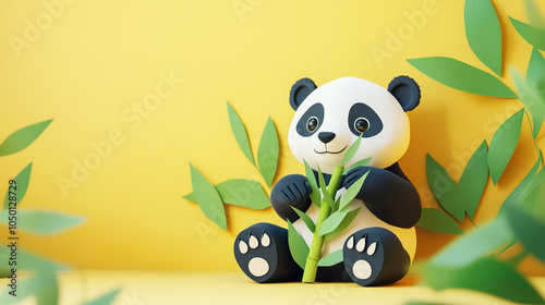 3D Paper Cuttings style cute panda eating bamboo