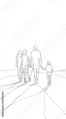 Line Art of a Family Walking Together in a Minimalist Landscape
