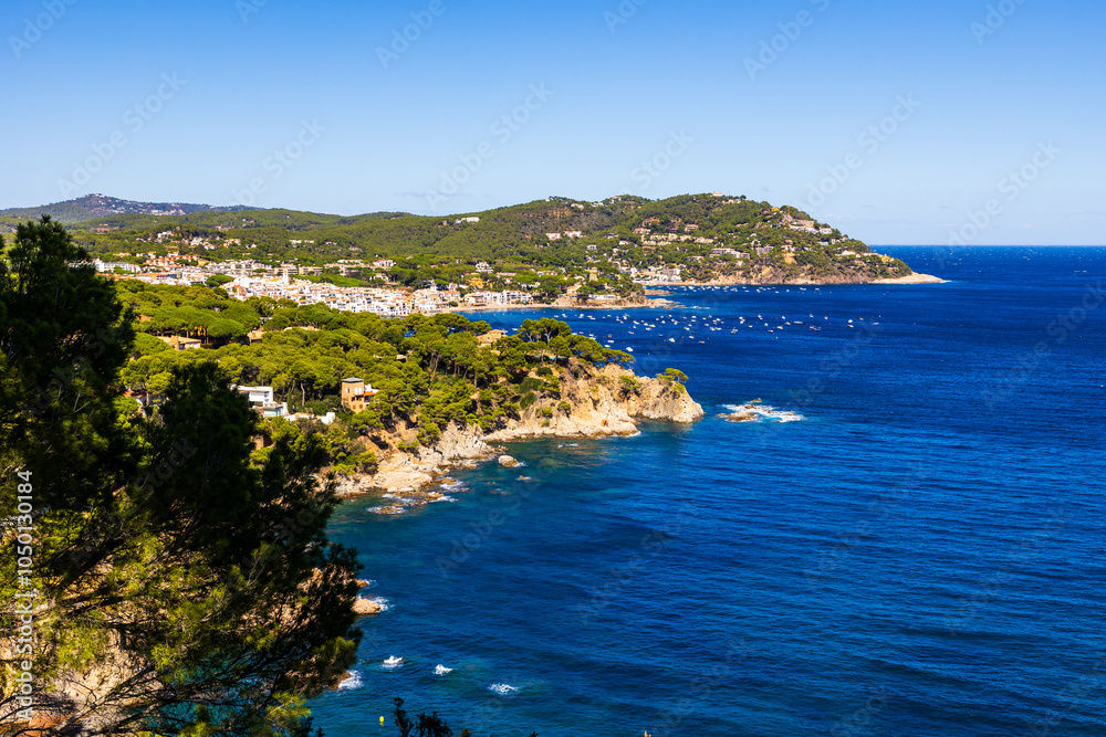 Naklejka premium Punta del Pinell and the towns of Calella de Palafrugell and Llafranc from Cap Roig Botanical Garden