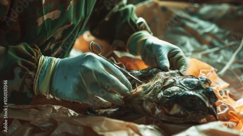 A veterinarian performing a surgery on an injured wildlife animal in a specialized wildlife rehabilitation center against a natural, rustic background, macro shot photo