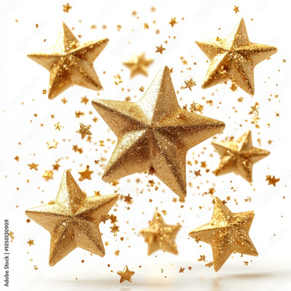 Golden star confetti on white background for festive celebrations Golden star confetti on white background for festive celebrations