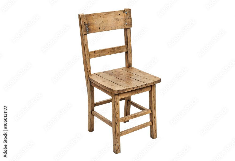 Fototapeta premium A single, light-colored wooden chair with a curved backrest and seat, featuring a small shelf on the right side, is displayed against a white background, emphasizing its rustic charm and simplicity