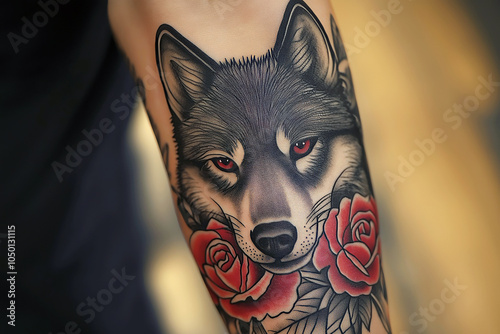 Neo-traditional tattoo of a wolf with roses, detailed fur and expressive eyes, black and gray ink with red accents, on the forearm. photo