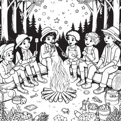 401 campfire adventure with friend in jungle illustration