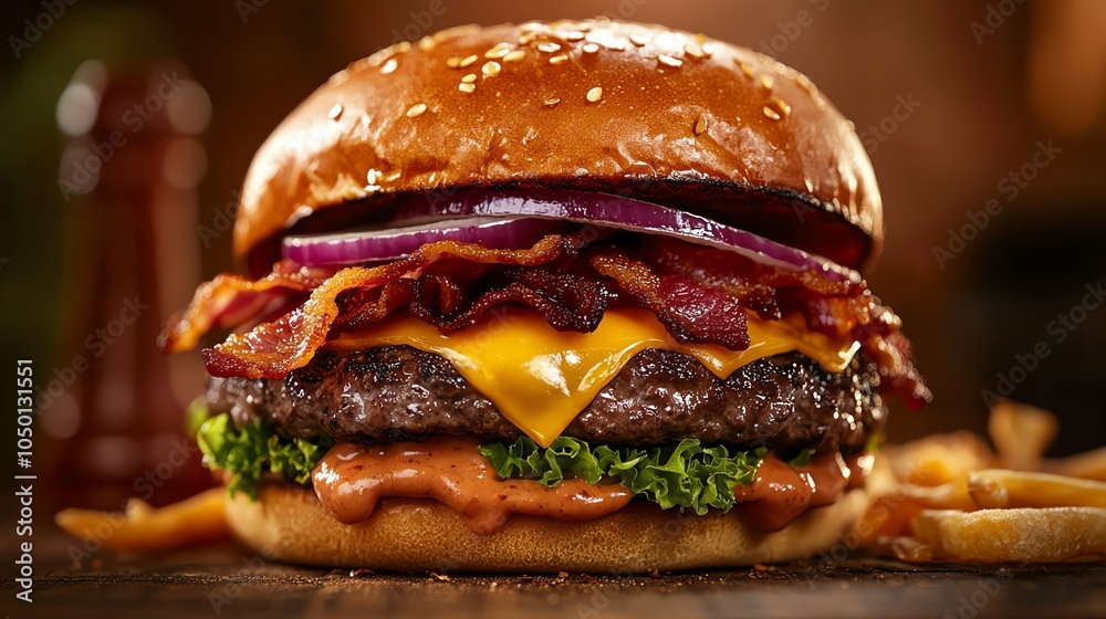 A cheeseburger with bacon and red onion sits on a wooden surface. A cheeseburger with bacon and red onion sits on a wooden surface.