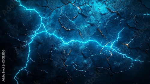 Wall with lightningshaped cracks, bright blue glow, 3D illustration photo